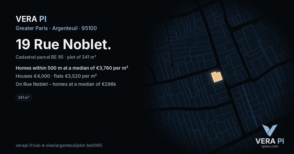 19 Rue Noblet, Argenteuil at night – the plot lit, the parcels around coloured by the prices near them