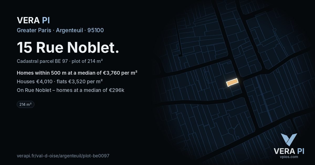 15 Rue Noblet, Argenteuil at night – the plot lit, the parcels around coloured by the prices near them