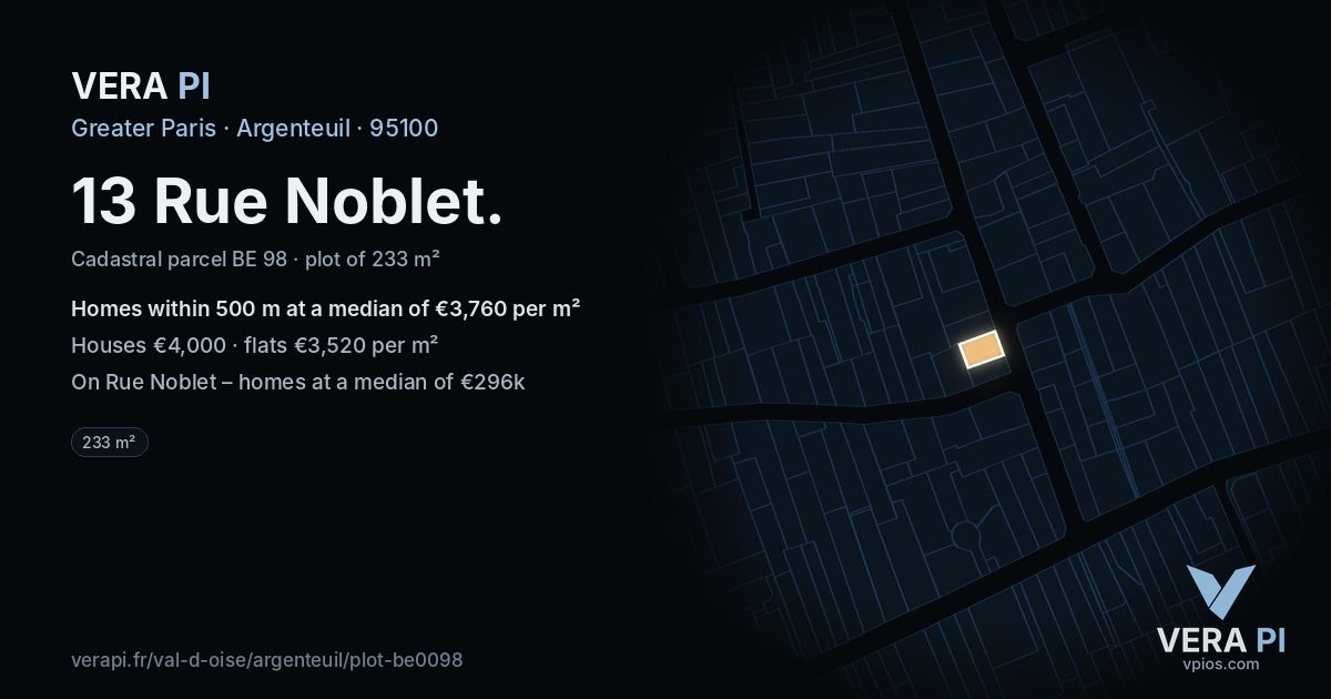 13 Rue Noblet, Argenteuil at night – the plot lit, the parcels around coloured by the prices near them