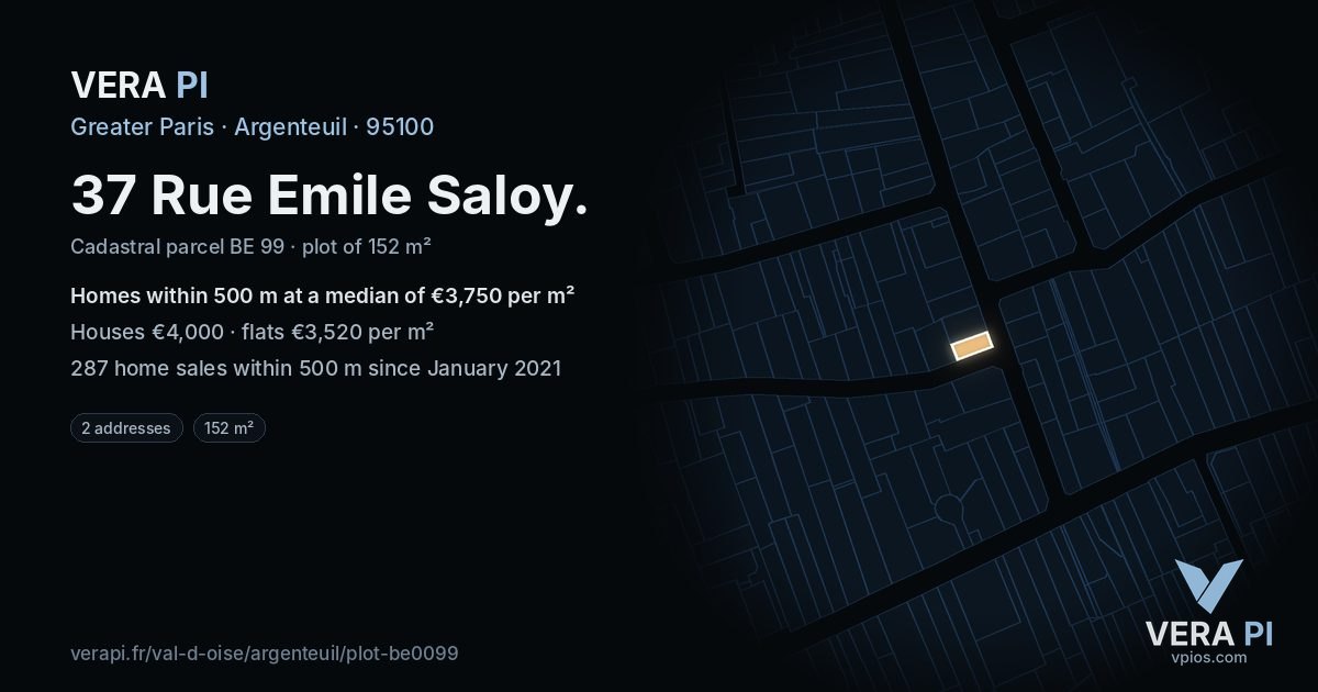 37 Rue Emile Saloy, Argenteuil at night – the plot lit, the parcels around coloured by the prices near them
