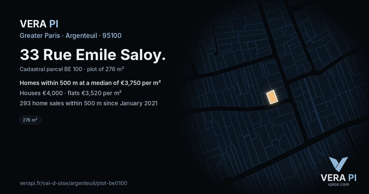 33 Rue Emile Saloy, Argenteuil at night – the plot lit, the parcels around coloured by the prices near them