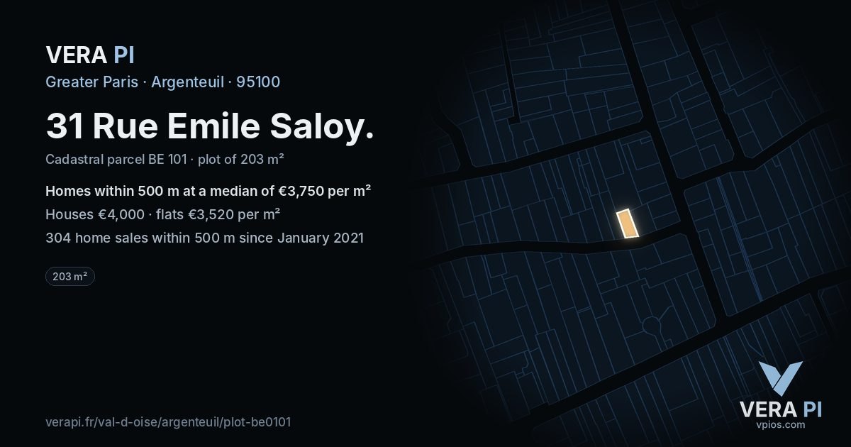 31 Rue Emile Saloy, Argenteuil at night – the plot lit, the parcels around coloured by the prices near them
