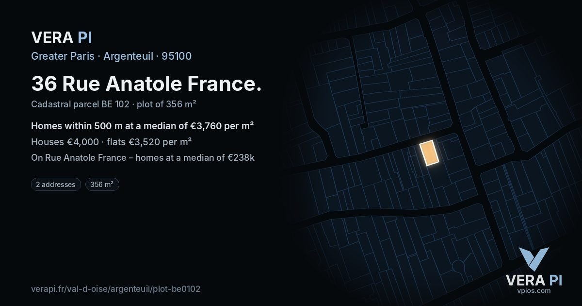36 Rue Anatole France, Argenteuil at night – the plot lit, the parcels around coloured by the prices near them