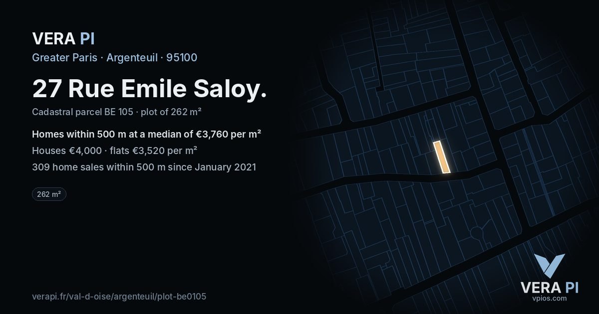 27 Rue Emile Saloy, Argenteuil at night – the plot lit, the parcels around coloured by the prices near them