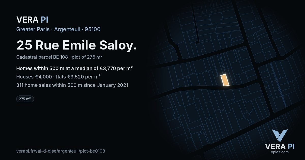 25 Rue Emile Saloy, Argenteuil at night – the plot lit, the parcels around coloured by the prices near them