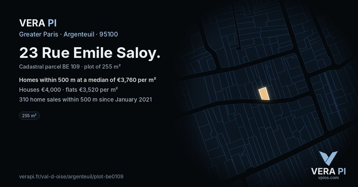 23 Rue Emile Saloy, Argenteuil at night – the plot lit, the parcels around coloured by the prices near them