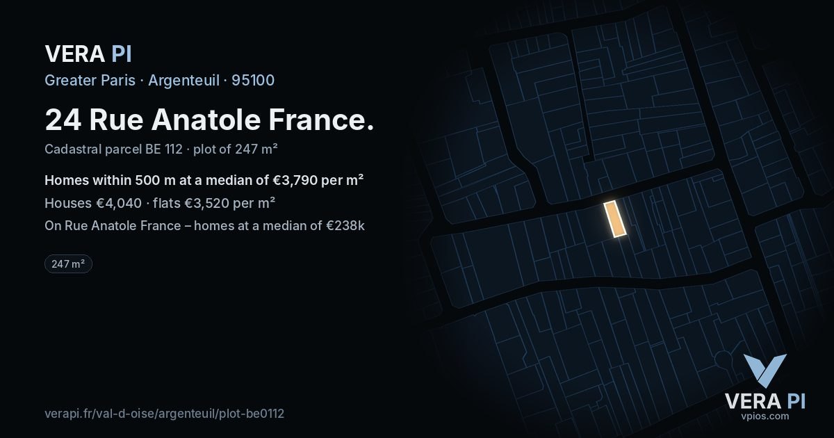 24 Rue Anatole France, Argenteuil at night – the plot lit, the parcels around coloured by the prices near them