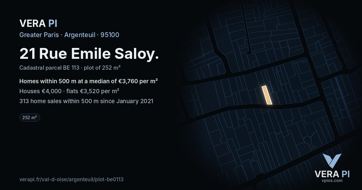 21 Rue Emile Saloy, Argenteuil at night – the plot lit, the parcels around coloured by the prices near them