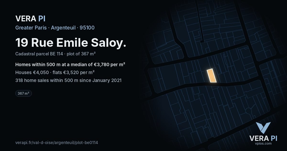 19 Rue Emile Saloy, Argenteuil at night – the plot lit, the parcels around coloured by the prices near them