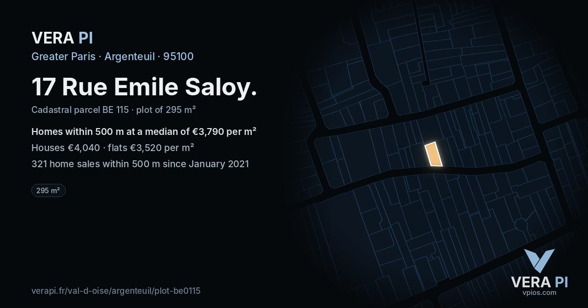 17 Rue Emile Saloy, Argenteuil at night – the plot lit, the parcels around coloured by the prices near them