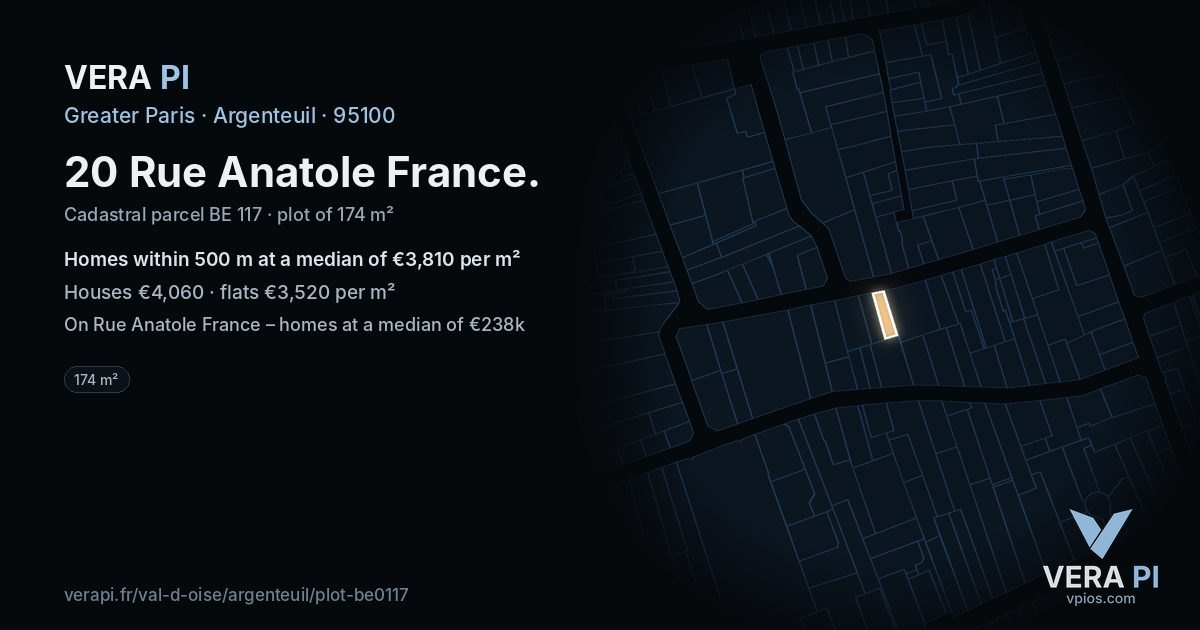 20 Rue Anatole France, Argenteuil at night – the plot lit, the parcels around coloured by the prices near them