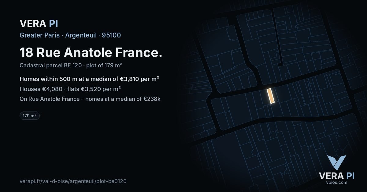18 Rue Anatole France, Argenteuil at night – the plot lit, the parcels around coloured by the prices near them