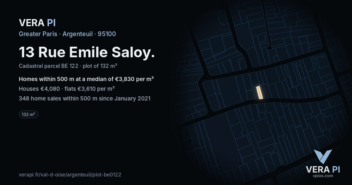 13 Rue Emile Saloy, Argenteuil at night – the plot lit, the parcels around coloured by the prices near them