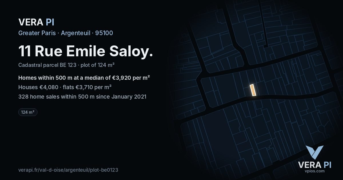 11 Rue Emile Saloy, Argenteuil at night – the plot lit, the parcels around coloured by the prices near them