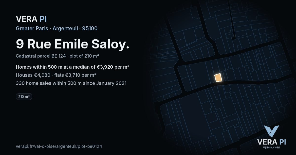 9 Rue Emile Saloy, Argenteuil at night – the plot lit, the parcels around coloured by the prices near them