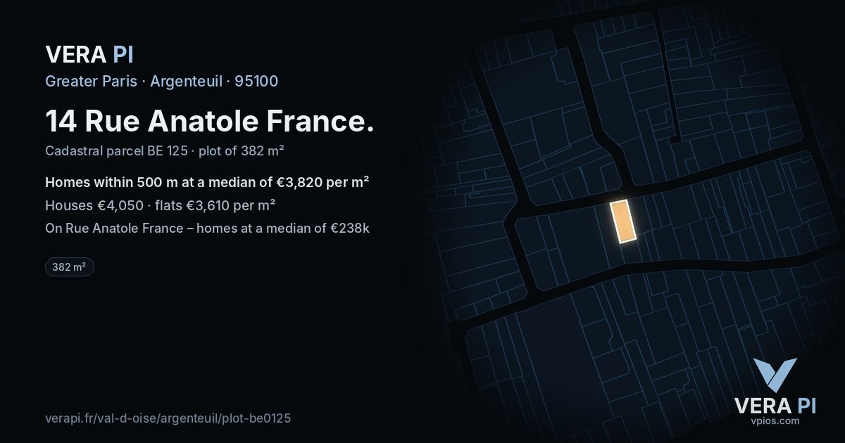 14 Rue Anatole France, Argenteuil at night – the plot lit, the parcels around coloured by the prices near them