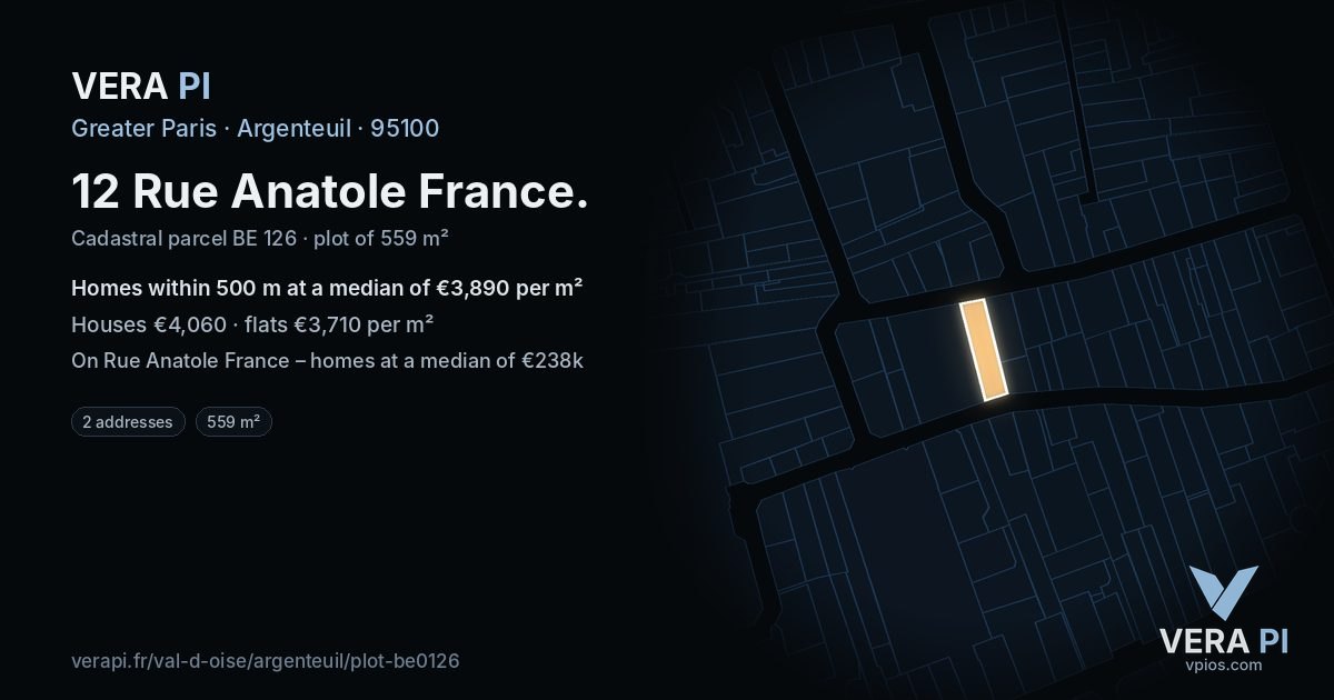 12 Rue Anatole France, Argenteuil at night – the plot lit, the parcels around coloured by the prices near them