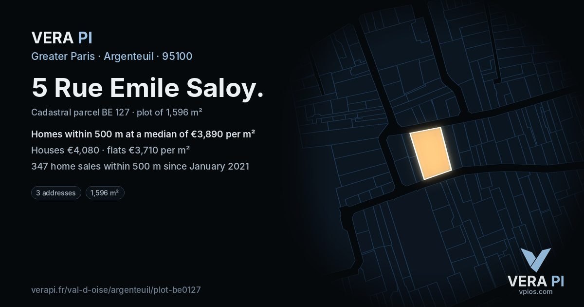 5 Rue Emile Saloy, Argenteuil at night – the plot lit, the parcels around coloured by the prices near them