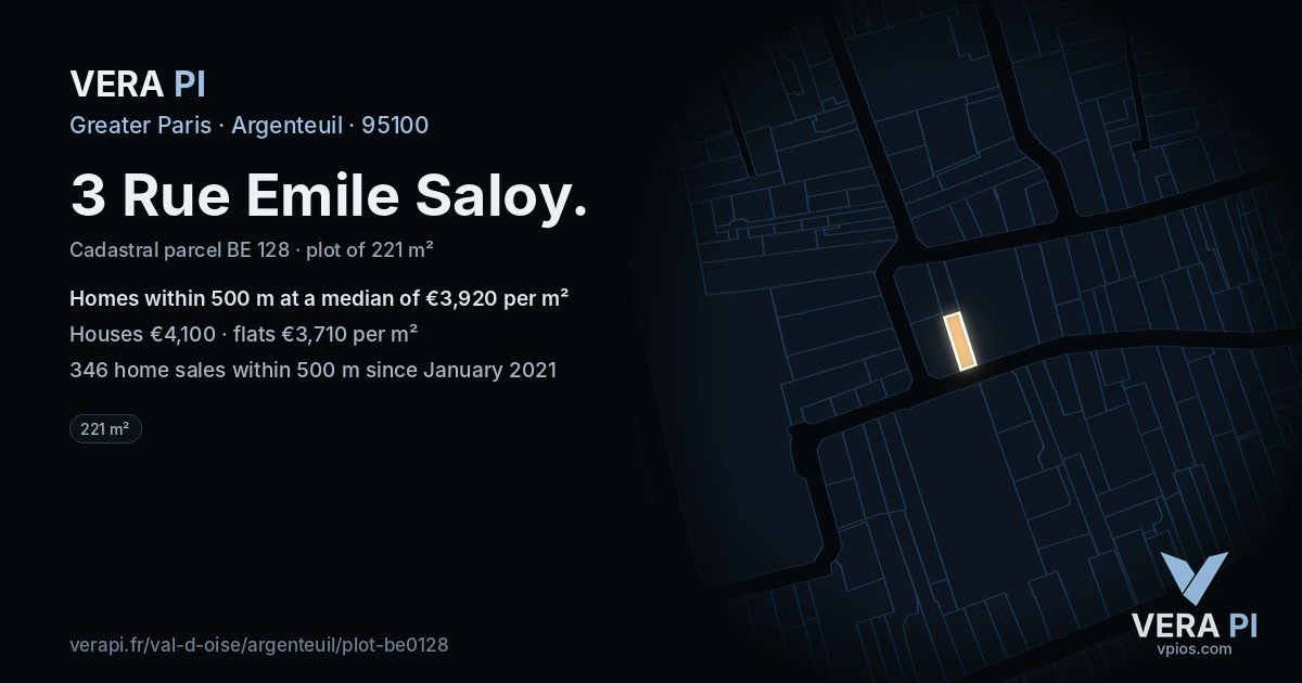 3 Rue Emile Saloy, Argenteuil at night – the plot lit, the parcels around coloured by the prices near them