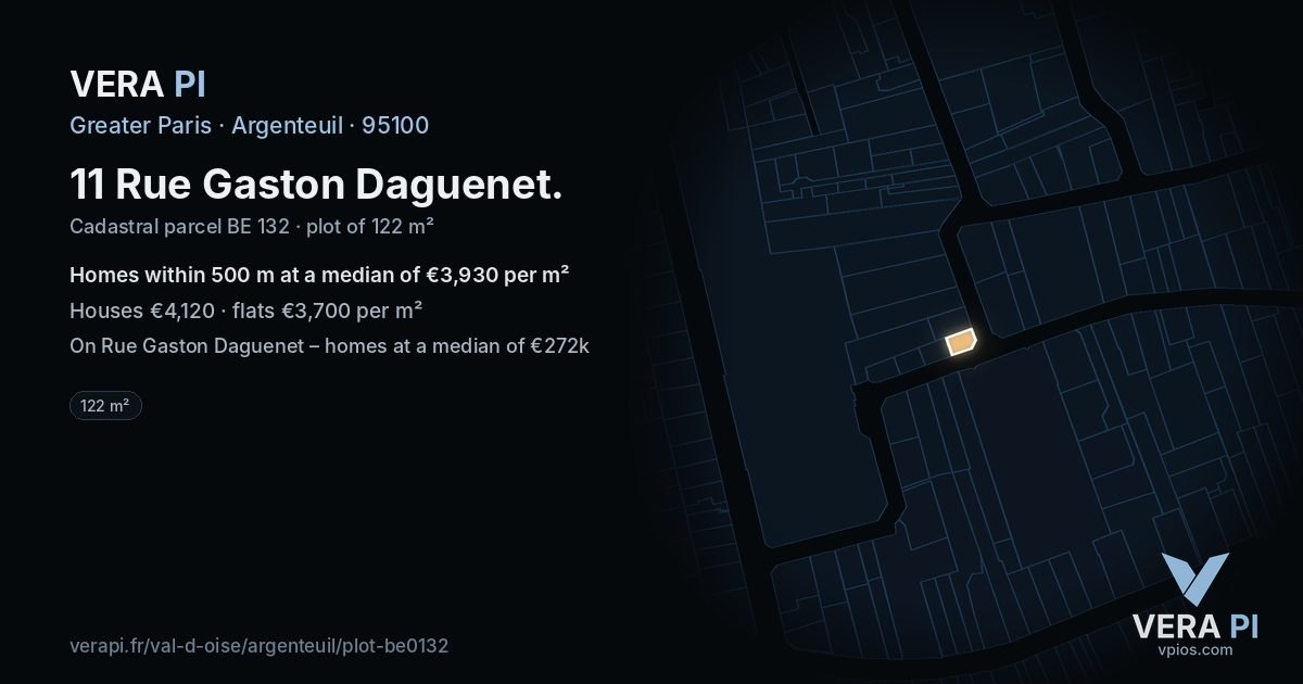 11 Rue Gaston Daguenet, Argenteuil at night – the plot lit, the parcels around coloured by the prices near them