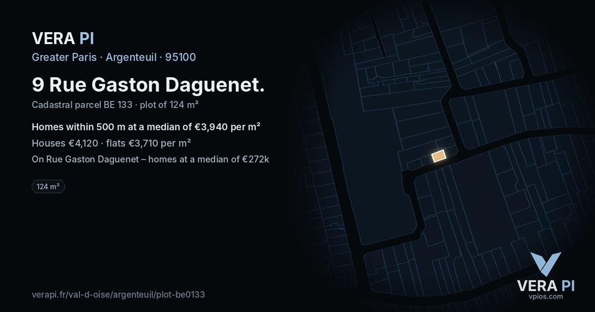 9 Rue Gaston Daguenet, Argenteuil at night – the plot lit, the parcels around coloured by the prices near them