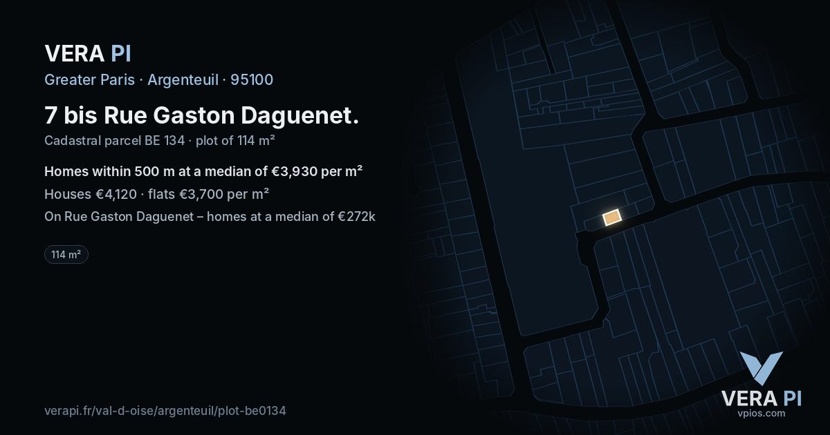 7 bis Rue Gaston Daguenet, Argenteuil at night – the plot lit, the parcels around coloured by the prices near them