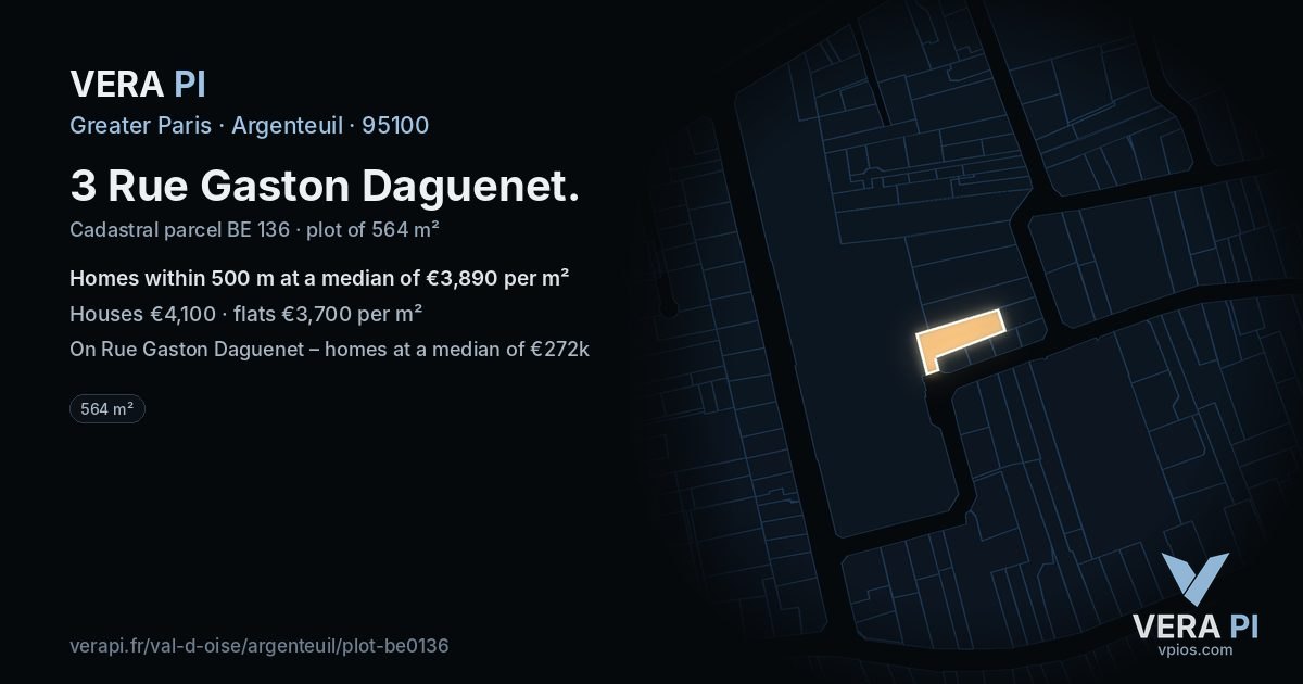 3 Rue Gaston Daguenet, Argenteuil at night – the plot lit, the parcels around coloured by the prices near them