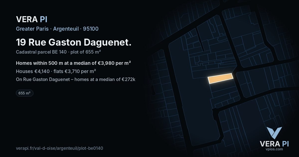 19 Rue Gaston Daguenet, Argenteuil at night – the plot lit, the parcels around coloured by the prices near them