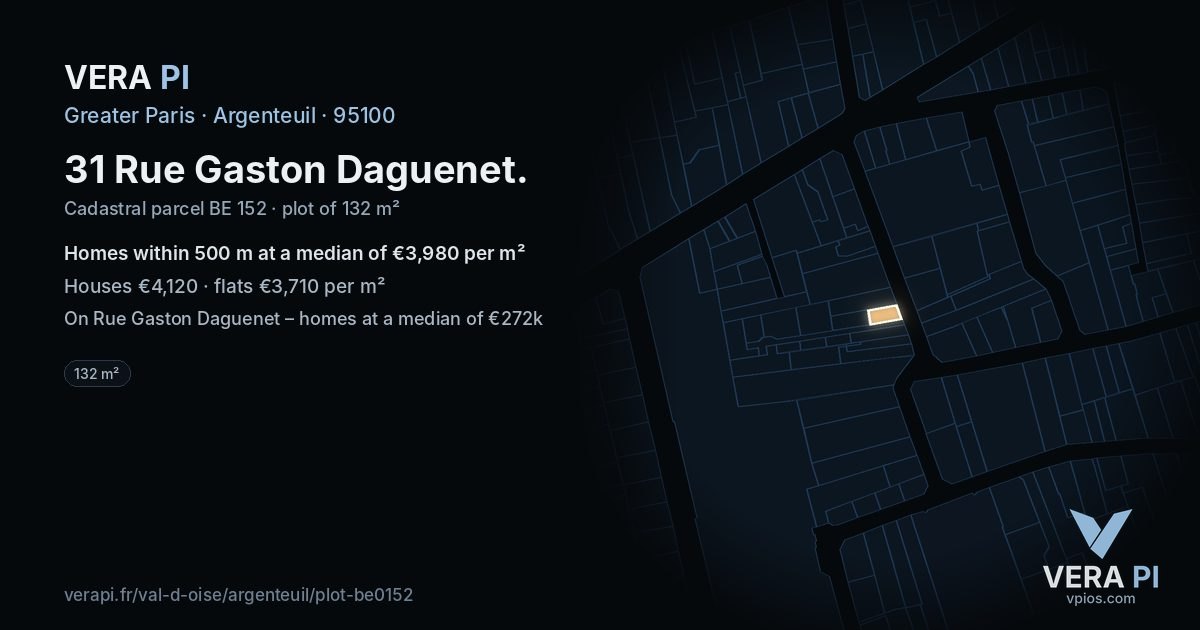 31 Rue Gaston Daguenet, Argenteuil at night – the plot lit, the parcels around coloured by the prices near them