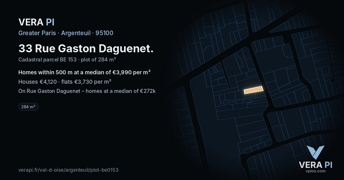 33 Rue Gaston Daguenet, Argenteuil at night – the plot lit, the parcels around coloured by the prices near them
