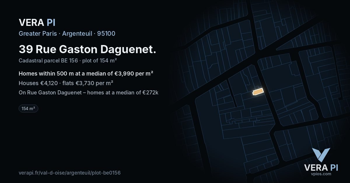 39 Rue Gaston Daguenet, Argenteuil at night – the plot lit, the parcels around coloured by the prices near them