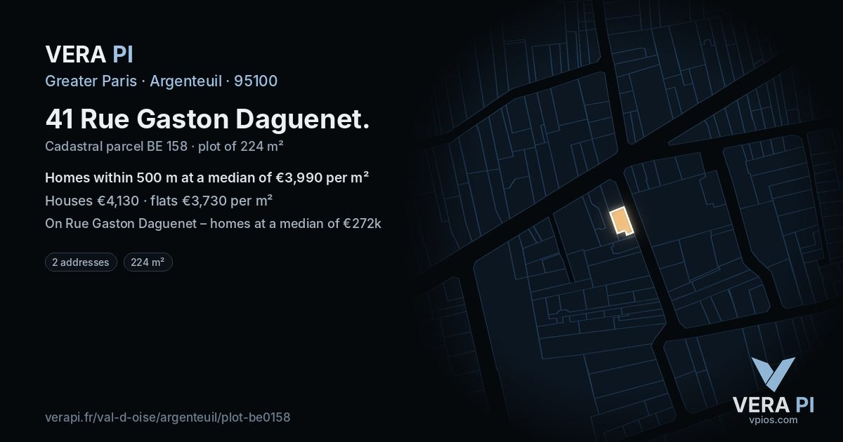 41 Rue Gaston Daguenet, Argenteuil at night – the plot lit, the parcels around coloured by the prices near them