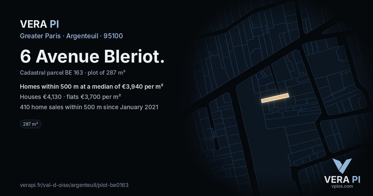 6 Avenue Bleriot, Argenteuil at night – the plot lit, the parcels around coloured by the prices near them