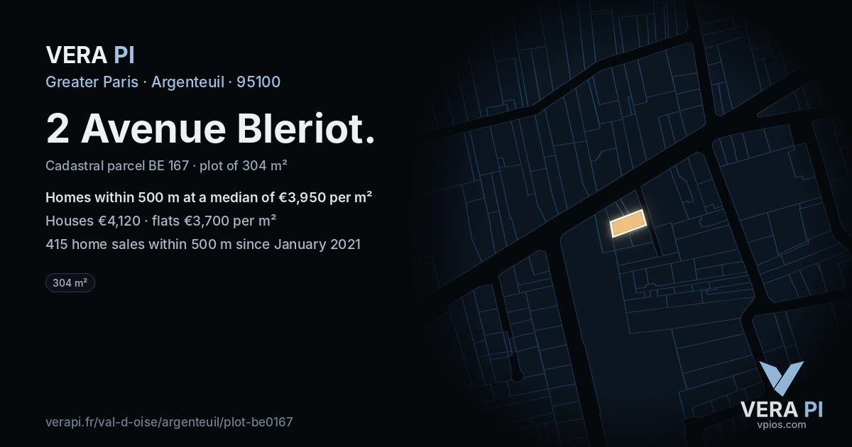 2 Avenue Bleriot, Argenteuil at night – the plot lit, the parcels around coloured by the prices near them