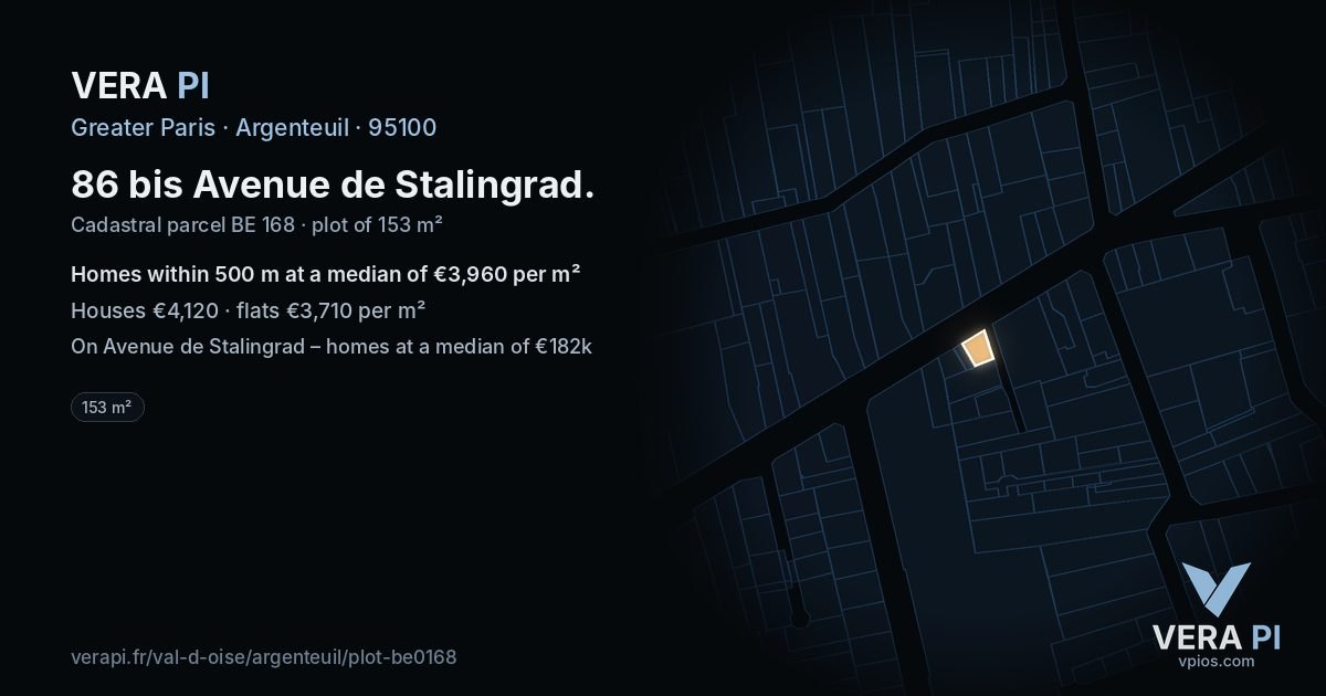 86 bis Avenue de Stalingrad, Argenteuil at night – the plot lit, the parcels around coloured by the prices near them