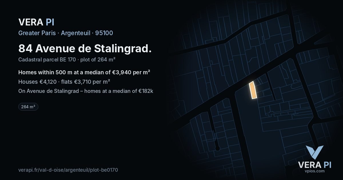 84 Avenue de Stalingrad, Argenteuil at night – the plot lit, the parcels around coloured by the prices near them