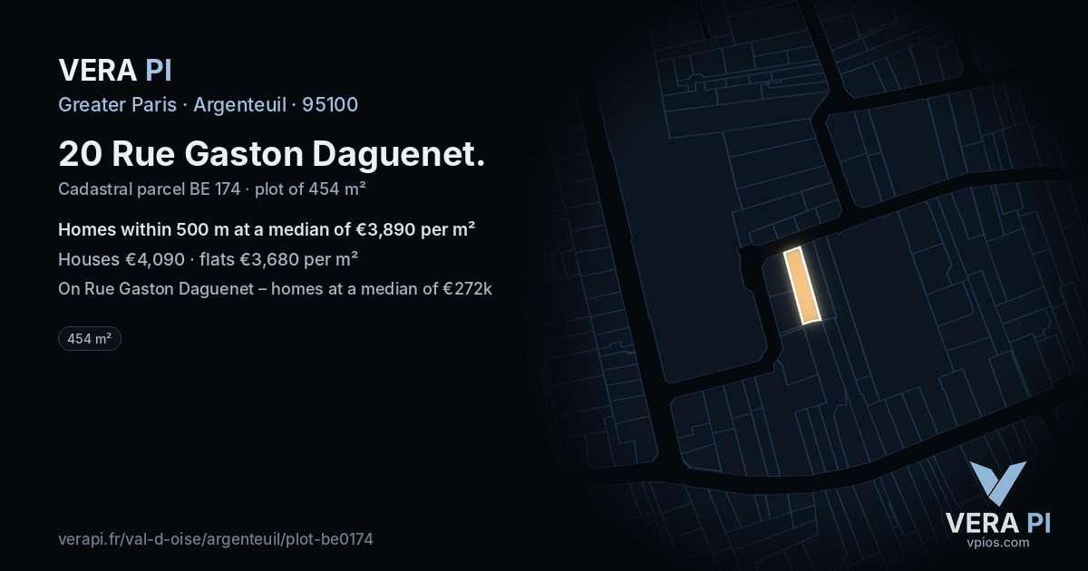 20 Rue Gaston Daguenet, Argenteuil at night – the plot lit, the parcels around coloured by the prices near them
