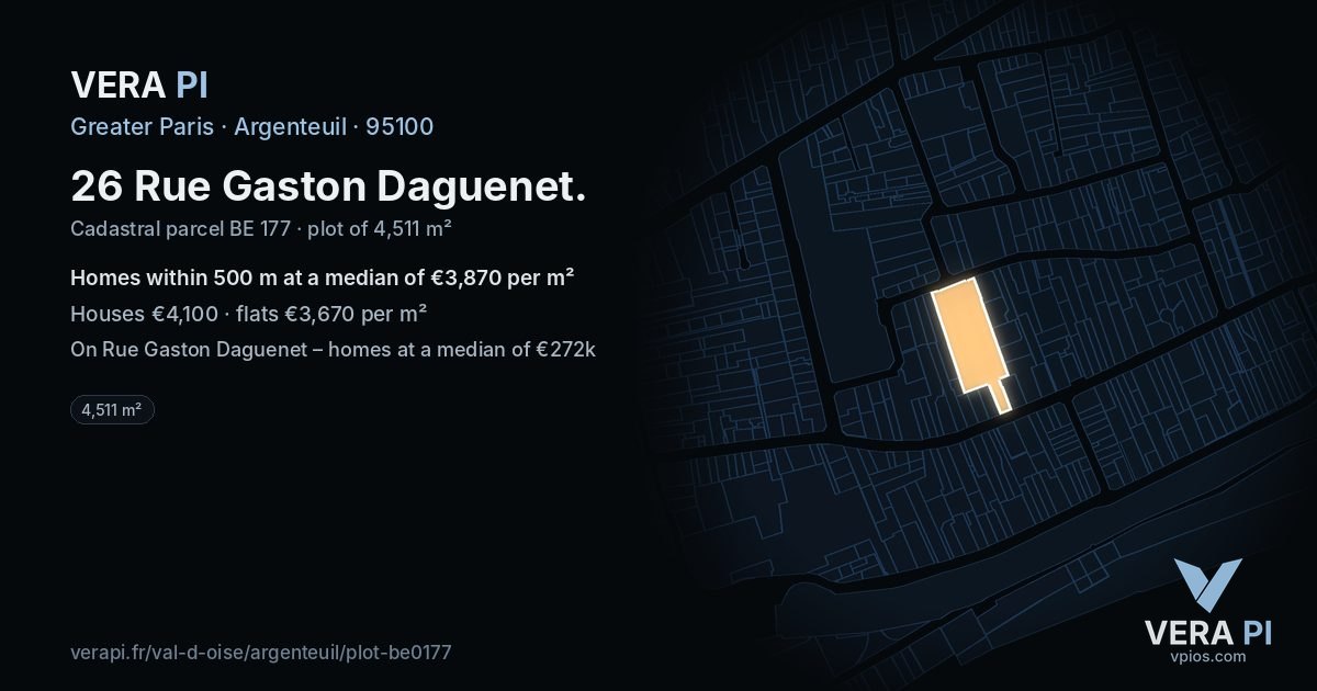 26 Rue Gaston Daguenet, Argenteuil at night – the plot lit, the parcels around coloured by the prices near them