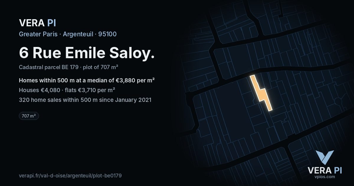 6 Rue Emile Saloy, Argenteuil at night – the plot lit, the parcels around coloured by the prices near them