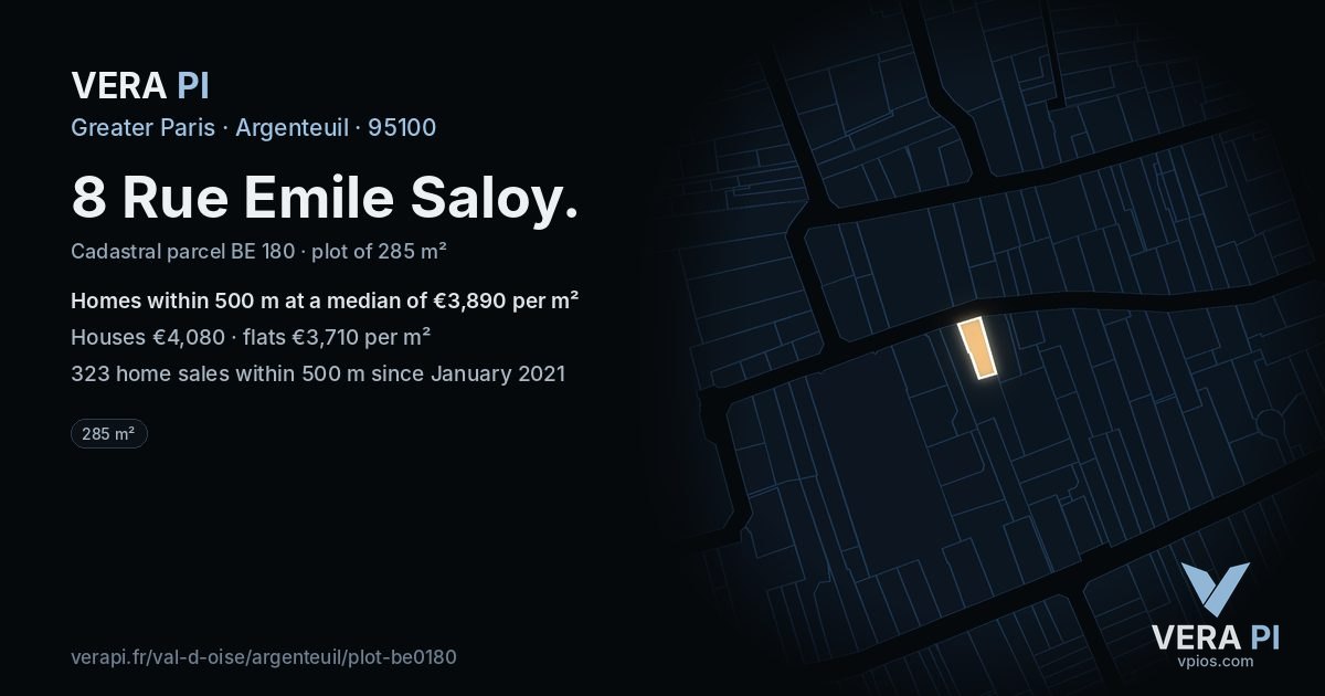 8 Rue Emile Saloy, Argenteuil at night – the plot lit, the parcels around coloured by the prices near them