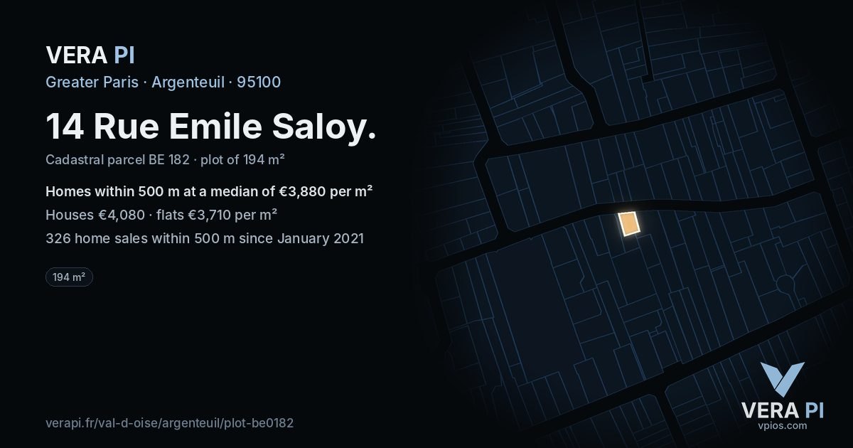 14 Rue Emile Saloy, Argenteuil at night – the plot lit, the parcels around coloured by the prices near them
