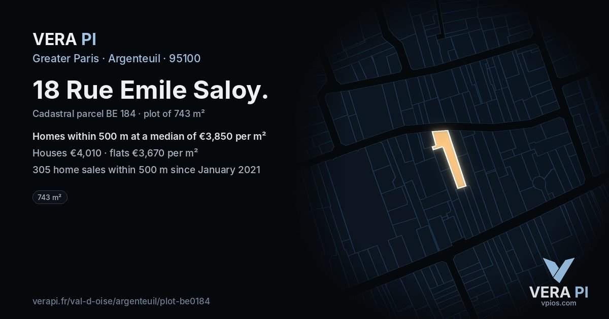 18 Rue Emile Saloy, Argenteuil at night – the plot lit, the parcels around coloured by the prices near them