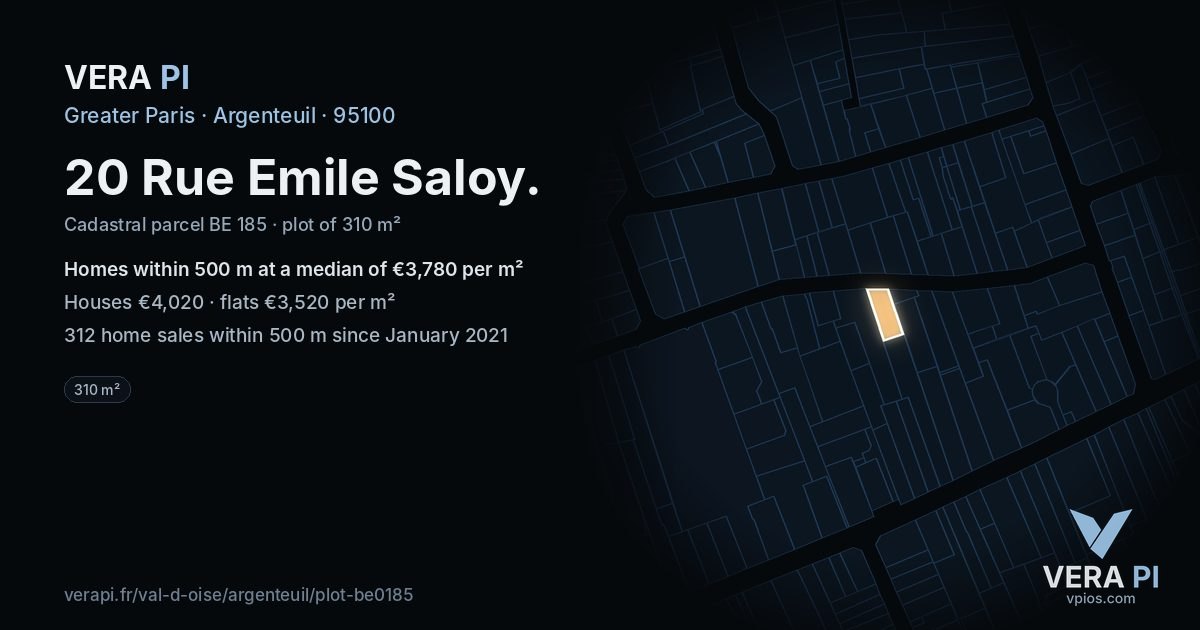20 Rue Emile Saloy, Argenteuil at night – the plot lit, the parcels around coloured by the prices near them