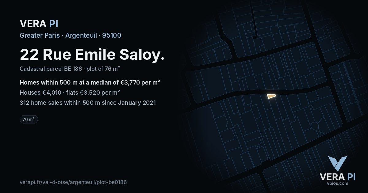 22 Rue Emile Saloy, Argenteuil at night – the plot lit, the parcels around coloured by the prices near them