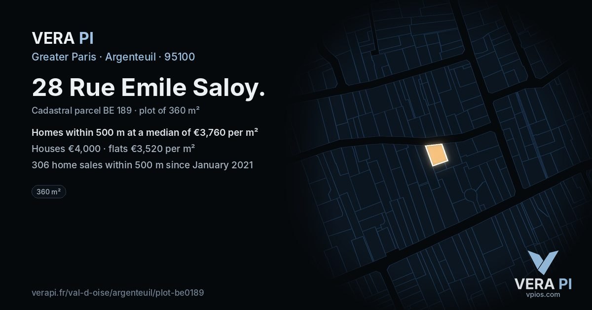 28 Rue Emile Saloy, Argenteuil at night – the plot lit, the parcels around coloured by the prices near them