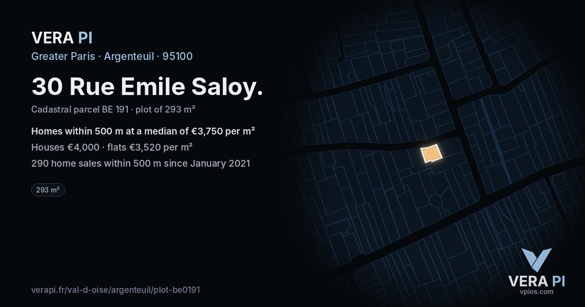 30 Rue Emile Saloy, Argenteuil at night – the plot lit, the parcels around coloured by the prices near them