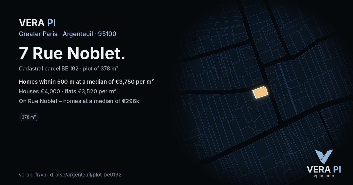 7 Rue Noblet, Argenteuil at night – the plot lit, the parcels around coloured by the prices near them