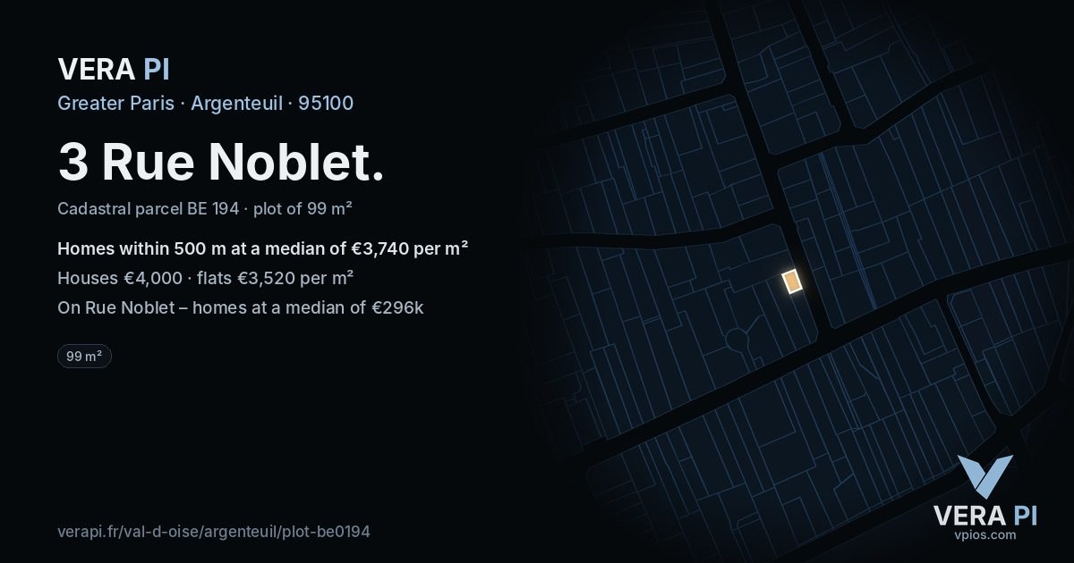 3 Rue Noblet, Argenteuil at night – the plot lit, the parcels around coloured by the prices near them