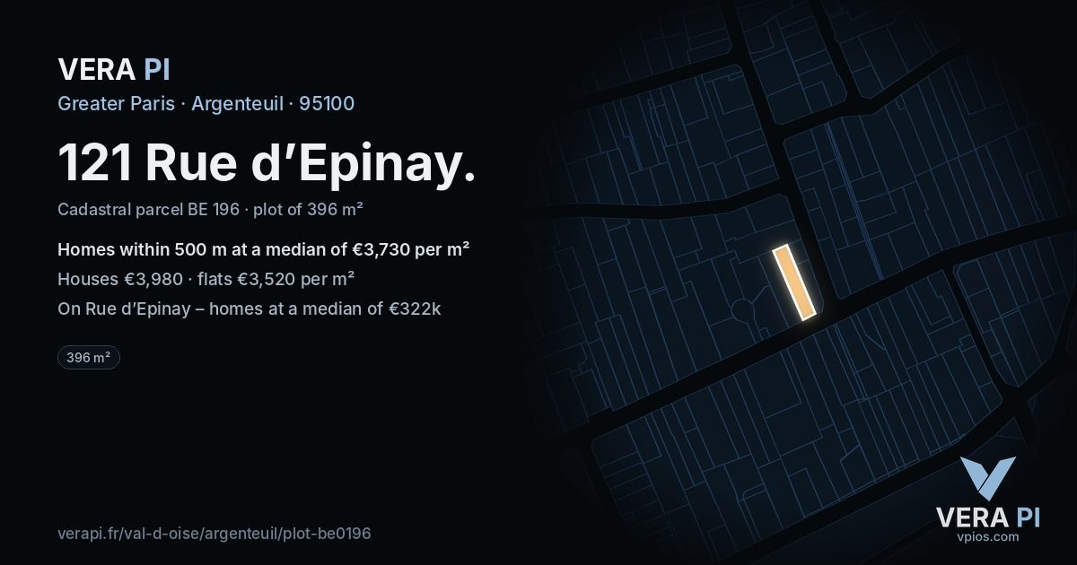 121 Rue d’Epinay, Argenteuil at night – the plot lit, the parcels around coloured by the prices near them