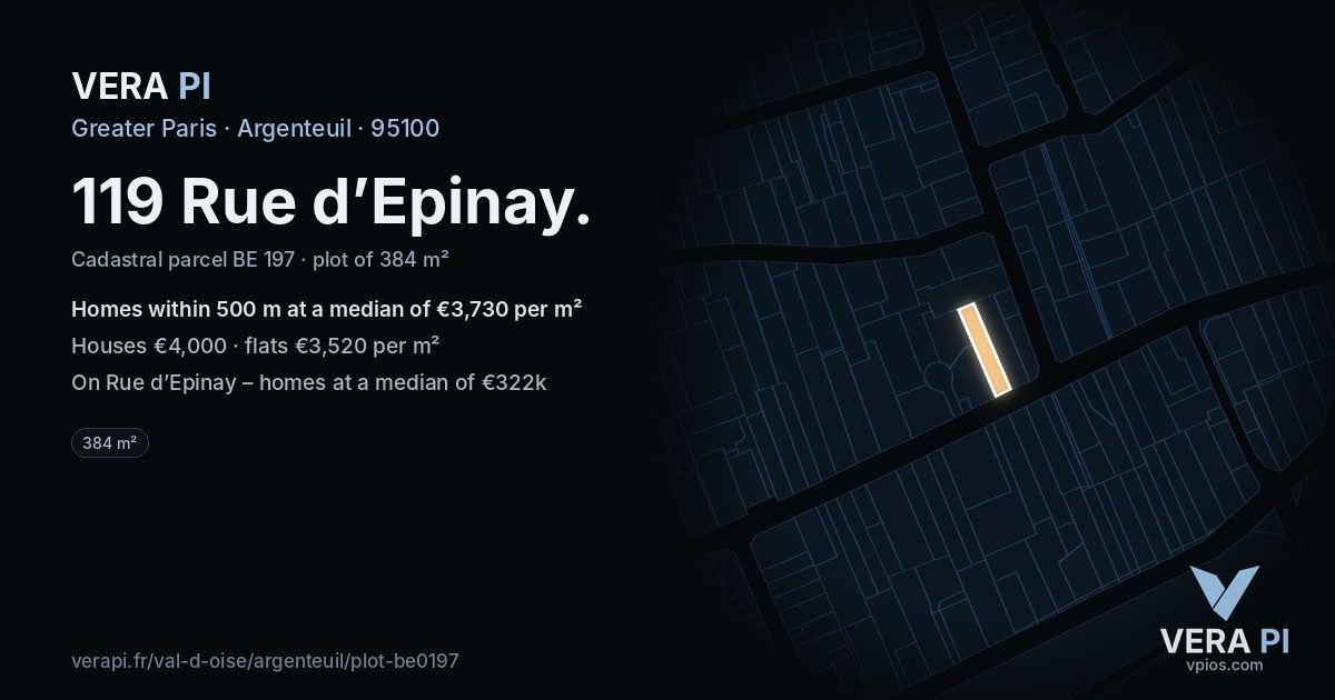 119 Rue d’Epinay, Argenteuil at night – the plot lit, the parcels around coloured by the prices near them